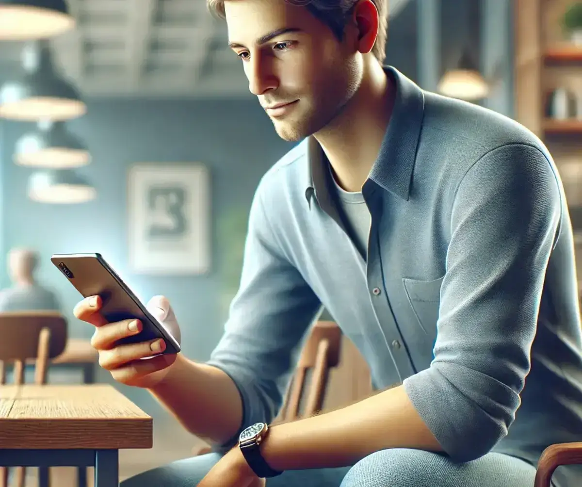 a man sitting at a table and typing on the bank of america app on his smartphone