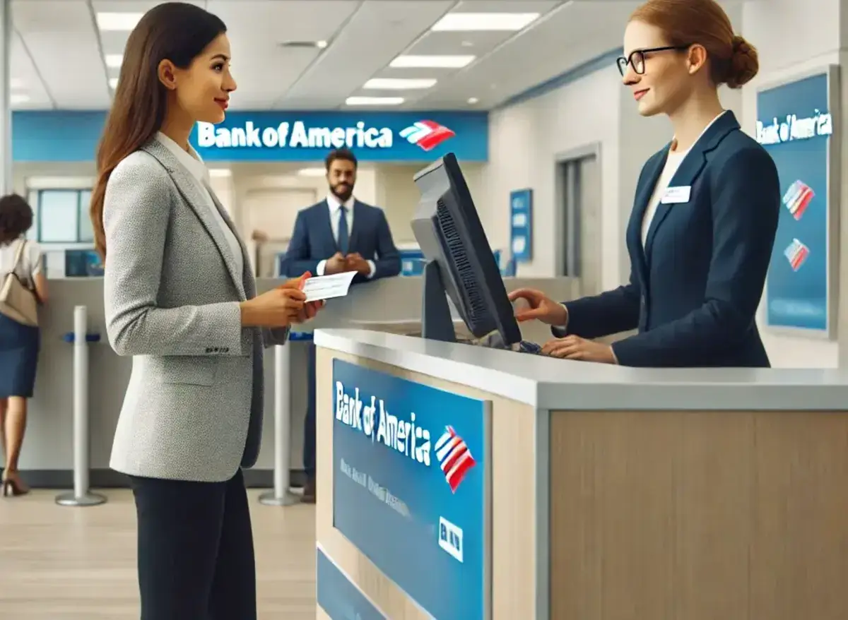 a professional scene in a Bank of America branch, showing a woman cashing a check at the teller counter