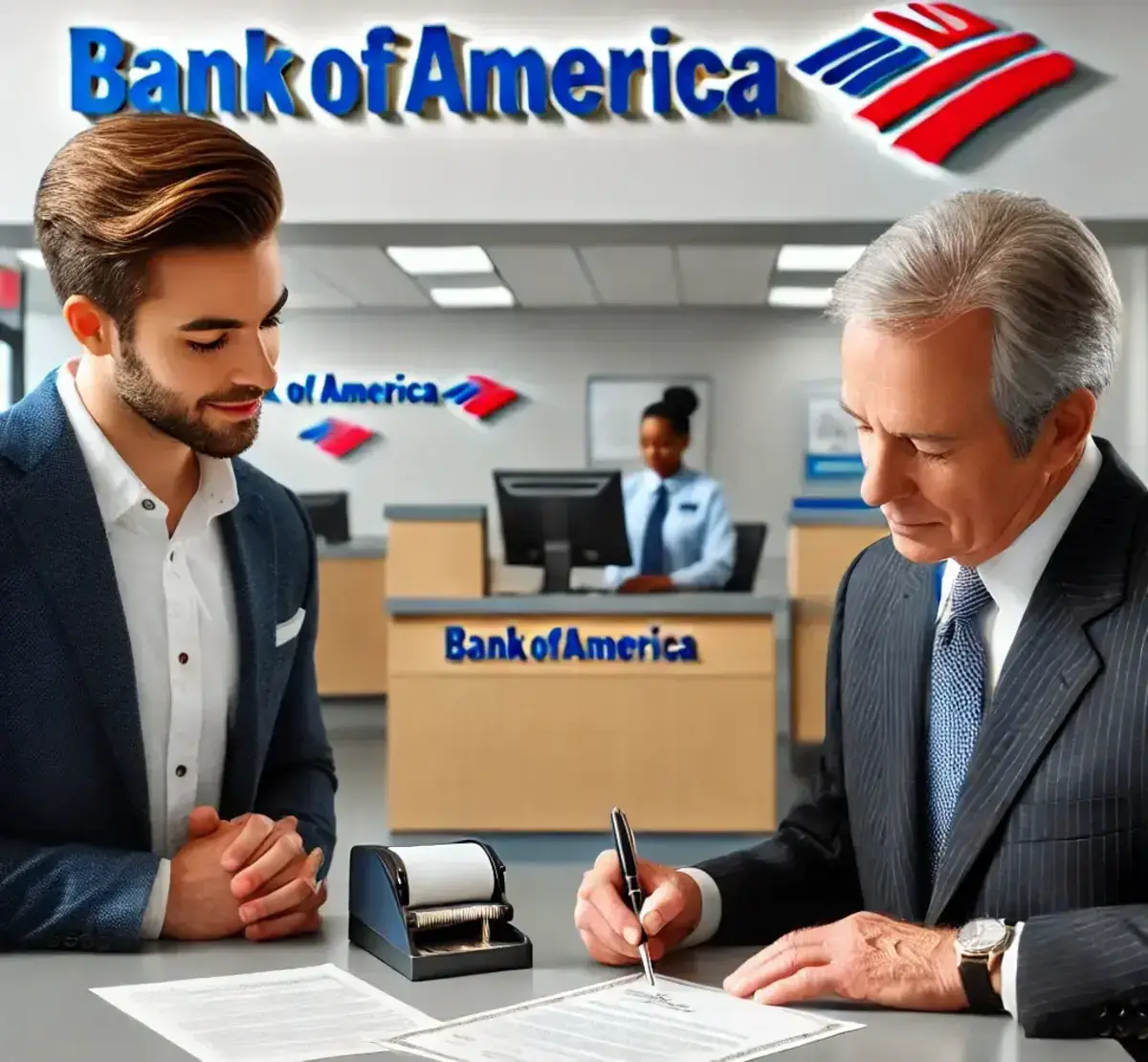 a professional setting inside a Bank of America branch, showing a notary public assisting a man with document notarization