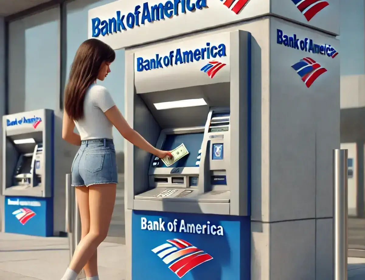 a realistic depiction of a woman depositing cash at a Bank of America ATM.