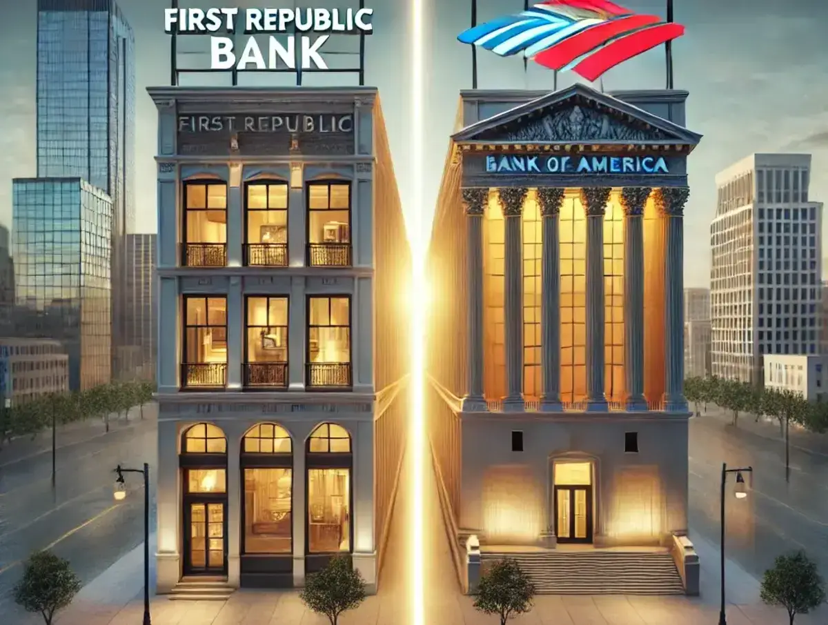 a visually striking image depicting the concept of First Republic Bank and Bank of America as separate entities