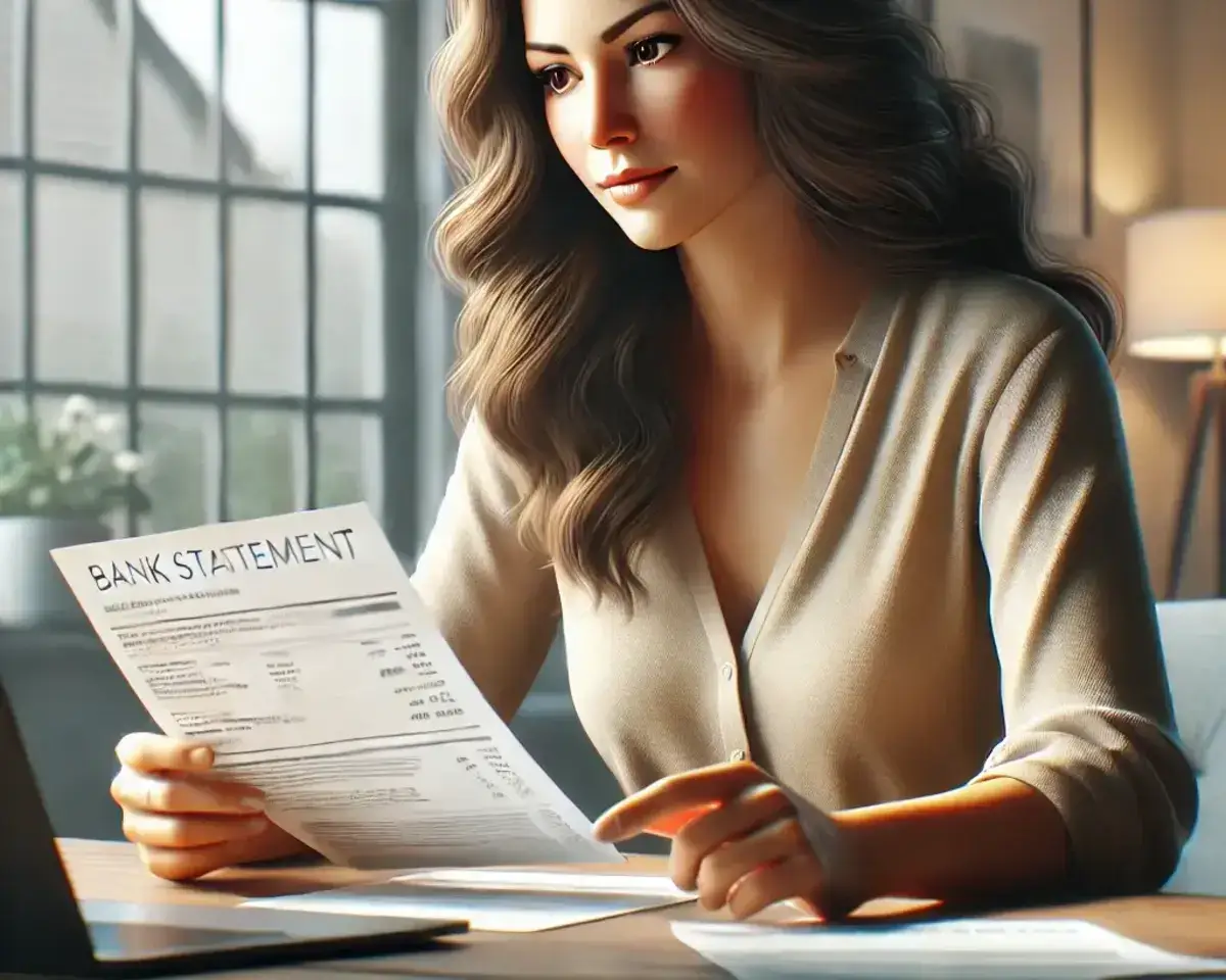 a woman sitting at a desk, looking at her early bank statement from bank of america with a thoughtful expression