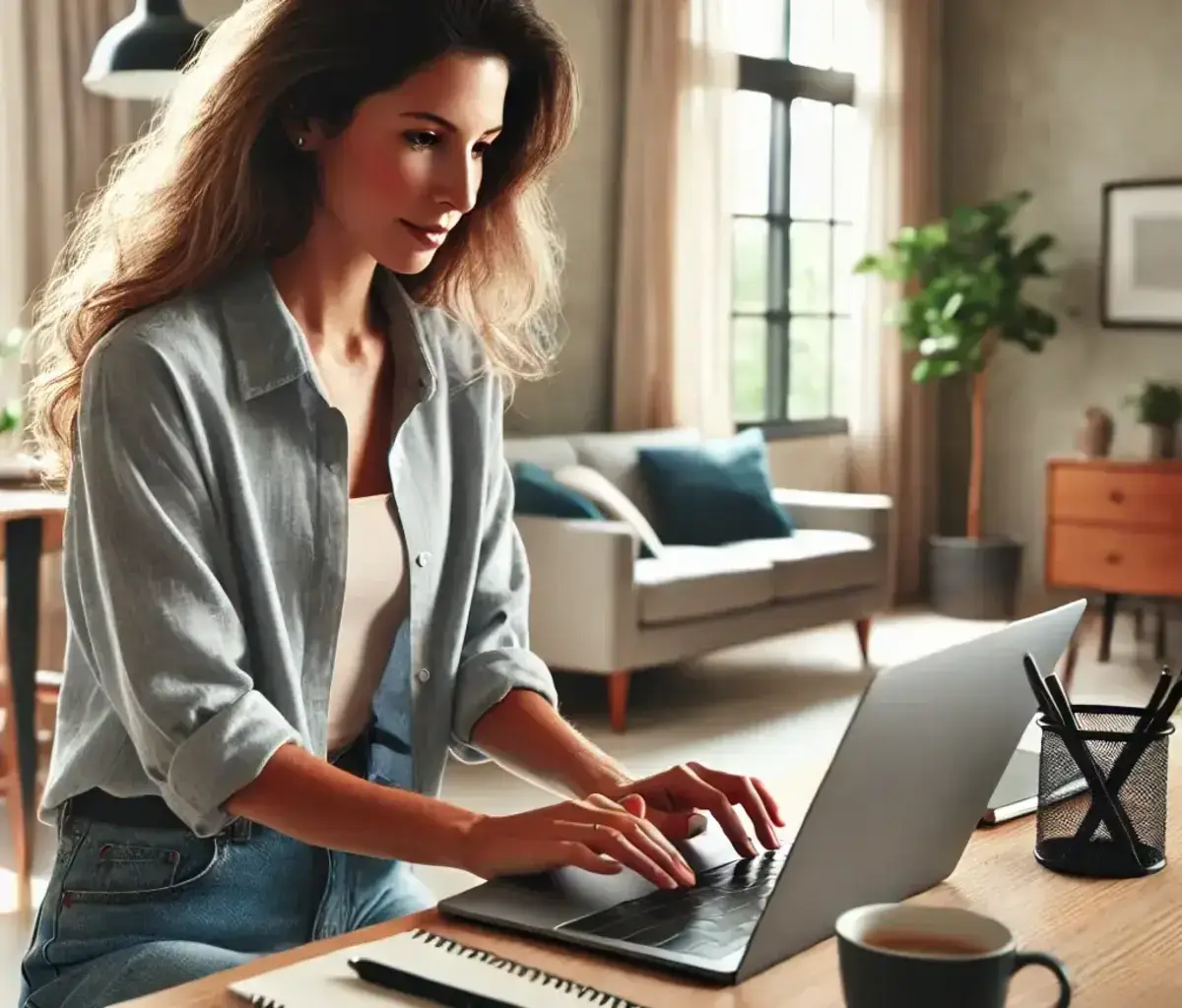 a woman sitting at a desk typing on her laptop looking at how she will add beneficiary to her Bank of America account online